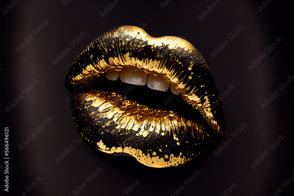 Gold lips metallic gloss on a black background, fashion lip makeup close-up. Generative AI Gold lips metallic gloss on a black background, fashion lip makeup close-up. Generative AI