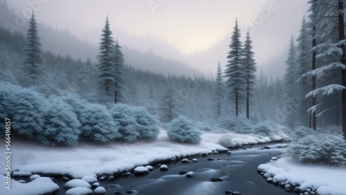 Beautiful winter landscape forest by the river  mountains in the background