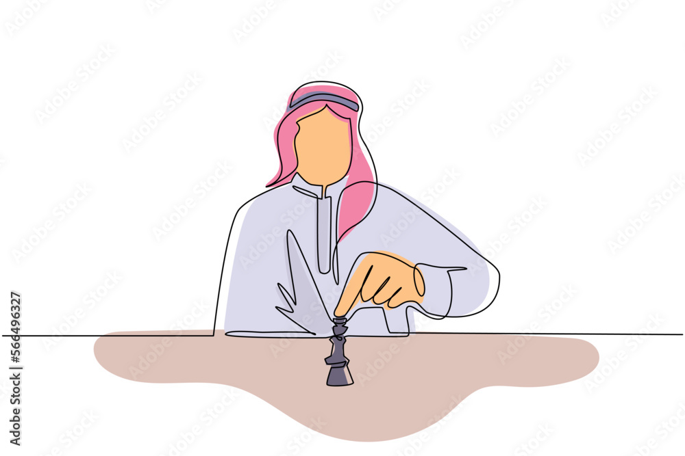 Single one line drawing strategy, leadership and management concept. Young smiling Arab businessman sitting and moving chess figure alone feeling confident. Continuous line draw design graphic vector