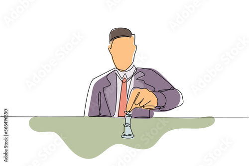 Continuous one line drawing strategy, leadership and management concept. Young smiling businessman sitting and moving chess figure alone feeling confident. Single line draw design vector illustration