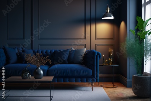 Interior of cozy modern living room with sofa against blank, dark blue wall. generative ai © Artistic