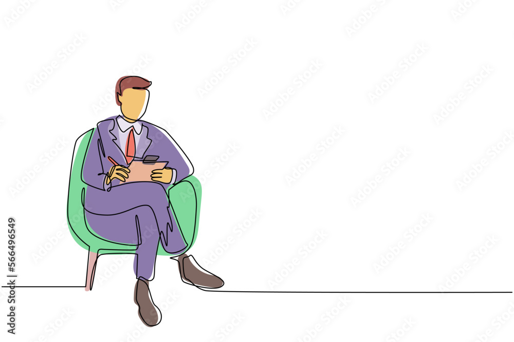 Single one line drawing young businessman with clipboard. Male executive sitting in armchair. Man taking notes. Psychology consultation. Modern continuous line draw design graphic vector illustration Single one line drawing young businessman with clipboard. Male executive sitting in armchair. Man taking notes. Psychology consultation. Modern continuous line draw design graphic vector illustration