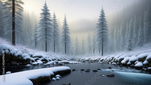 Beautiful winter landscape forest by the river, mountains in the background