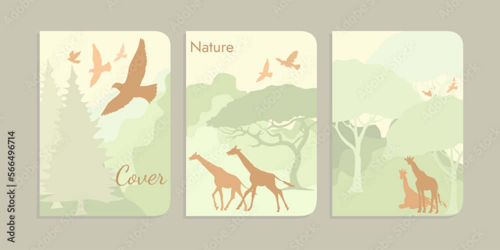 jungle illustration cover. tree background, giraffe, bird. A4 size children's book cover. forest landscape illustration jungle illustration cover. tree background, giraffe, bird. A4 size children's book cover. forest landscape illustration