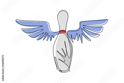 Continuous one line drawing bowling pin with wings sign icon. White bowling target on white background. Night bright advertisement. Sport and leisure activity. Single line draw design vector graphic