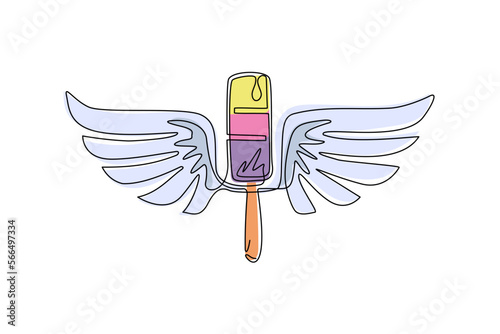 Single one line drawing popsicle ice cream with wings icon. Winged frozen ice cream sticks flat logo symbol. Delicious dessert in summer. Modern continuous line draw design graphic vector illustration
