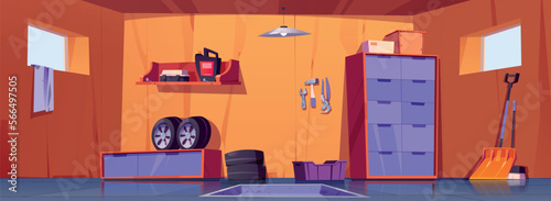 Garage or workshop interior with repair tools and car tyres. Empty garage, shed or storage room with cabinet, snow shovel, broom and toolbox on shelf, vector cartoon illustration