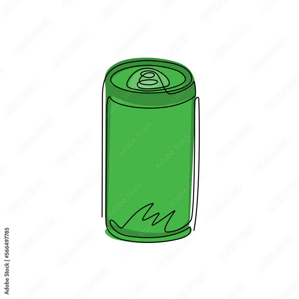 Fototapeta premium Single continuous line drawing soda aluminum can icon. Soda refreshing drink in summer concept. For flyer, sticker, card, logo, symbol, print, poster. One line draw graphic design vector illustration