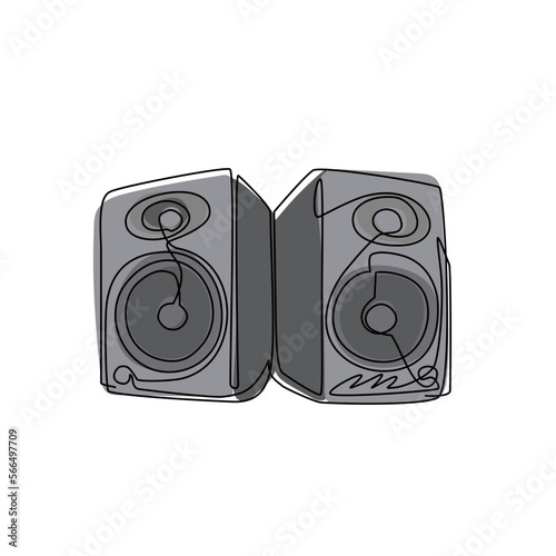 Continuous one line drawing music system speakers with icon logo. Musical equipment grunge image of speaker flat design elements banner poster. Single line draw design vector graphic illustration