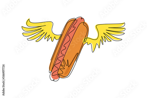 Single continuous line drawing hot dog with wings logo. Meal, delivery, cafe, fun illustration icon. Love hot dog for fast food cafe concept. Dynamic one line draw graphic design vector illustration