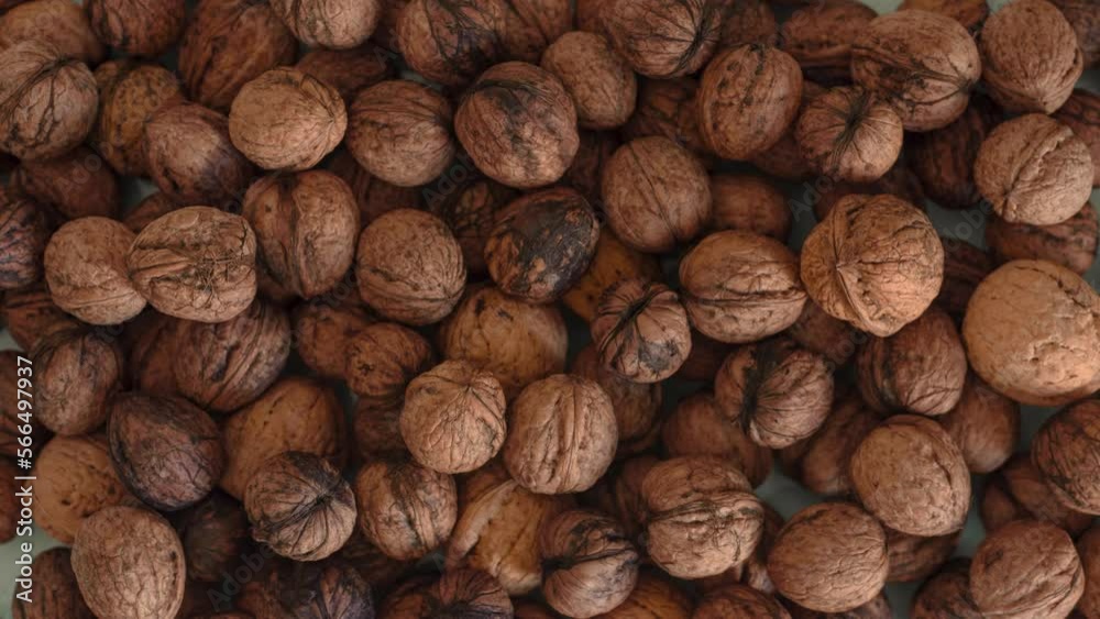 Appearance of organic shelled walnuts on empty tray, top view stop motion Appearance of organic shelled walnuts on empty tray, top view stop motion