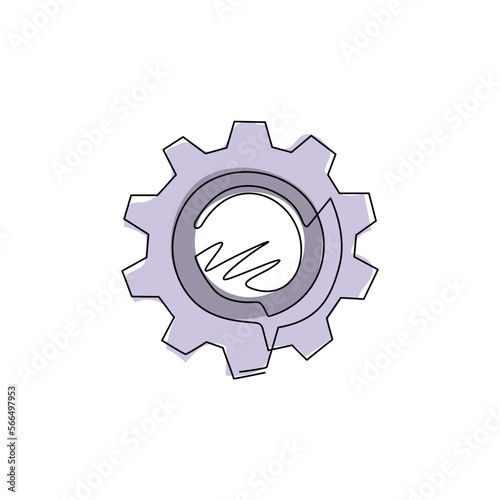 Continuous one line drawing metal gears and cogs. Gear icon flat design banner poster emblem. Mechanism wheels logo. Cogwheel concept template. Single line draw design vector graphic illustration