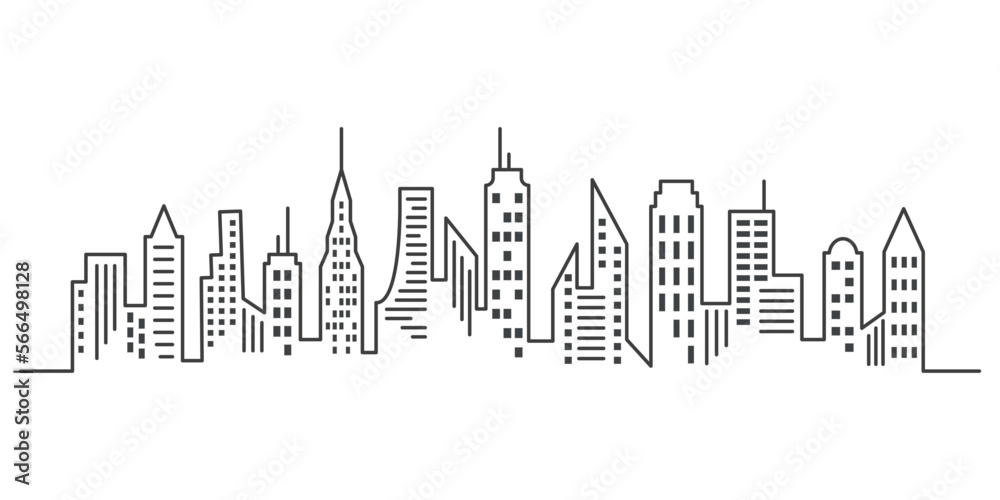 City outline panoramic landscape. Continuous one line buildings drawing. Skyscrapers silhouette. Minimalistic vector illustration. EPS 10