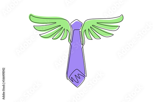 Continuous one line drawing fly tie with wings icon. Winged tie based concept logo. Business symbol, playful tie flat isolated banner poster card. Single line draw design vector graphic illustration