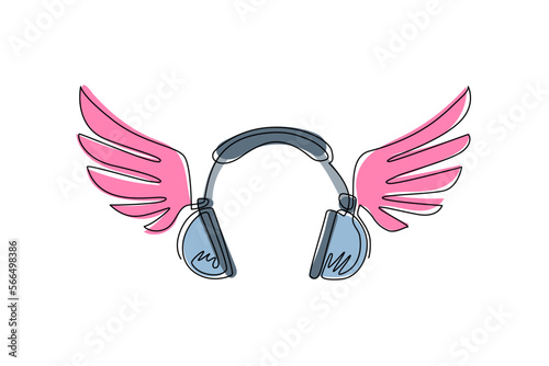 Single one line drawing headphones with wings symbol. Pictograph of headphone wings music for template flat logo, icon, and identity. Modern continuous line draw design graphic vector illustration