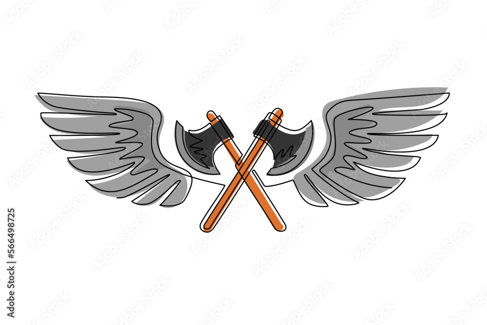 Vetor de Single one line drawing two crossed axes fly with wings ...