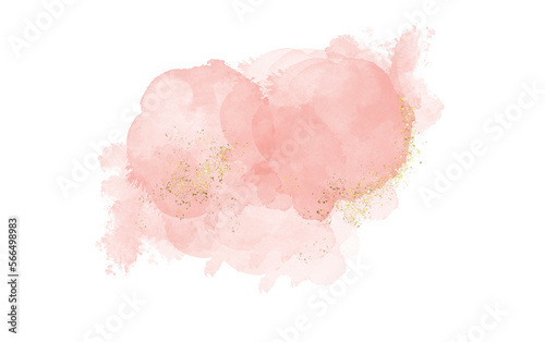 Fototapeta Naklejka Na Ścianę i Meble -  Pastel rose or pink watercolor brush stroke splash with luxury golden frame and glitter gold lines round contour frame for banner or logo wedding elements 