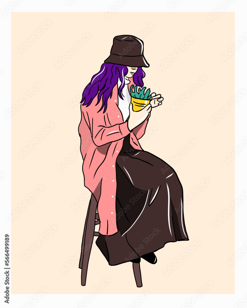 Obraz premium girl with a plant pot and purple hair color. suspicious pose.