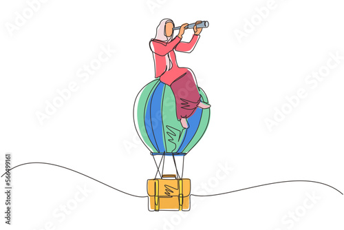 Continuous one line drawing Arab businesswoman sitting and looking through telescope in hot air balloon briefcase. Female in suitcase balloon search to success. Business travel. Single design vector
