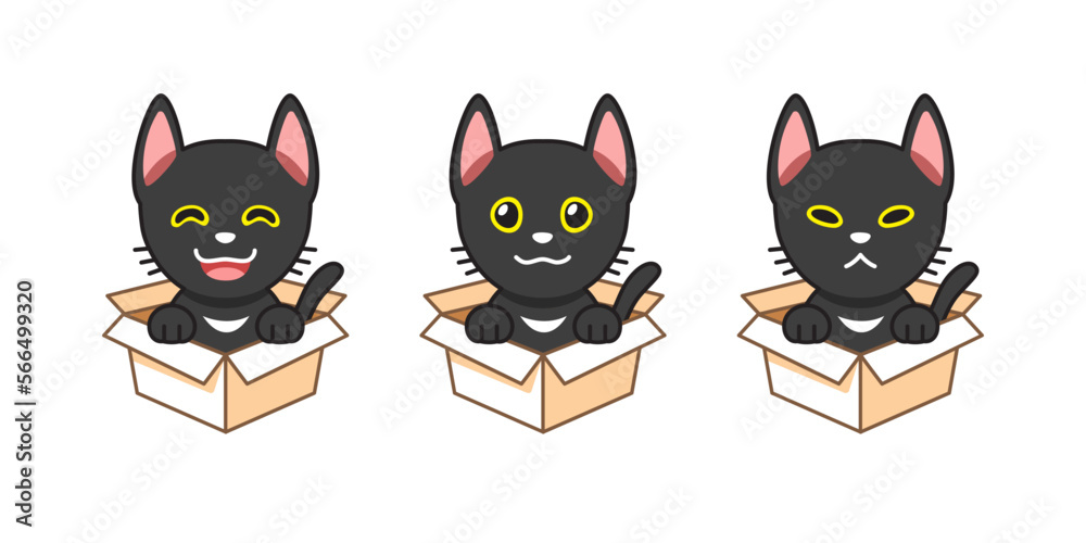 Vector cartoon illustration set of black cat showing different emotions in cardboard boxes for design.