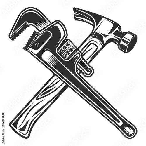 Vintage crossed hammer and body shop mechanic spanner repair tool or construction wrench for gas and builder plumbing pipe in monochrome style vector illustration