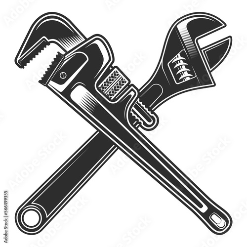 Vintage crossed body shop mechanic spanner repair tool or construction wrench for gas and builder plumbing pipe in monochrome style vector illustration photo