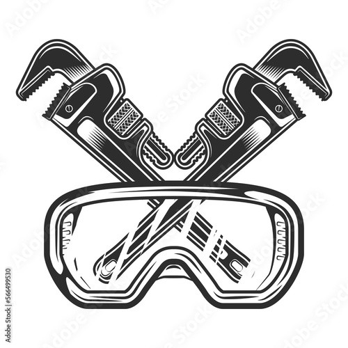 Vintage safety glasses with body shop mechanic spanner repair tool or construction wrench for gas and builder plumbing pipe in monochrome style isolated vector illustration
