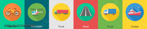 A set of 6 transport icons as bicycle, helicopter, truck
