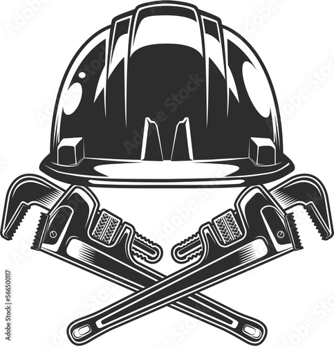 Vintage hard hat with body shop mechanic spanner repair tool or construction wrench for gas and builder plumbing pipe in monochrome style isolated illustration