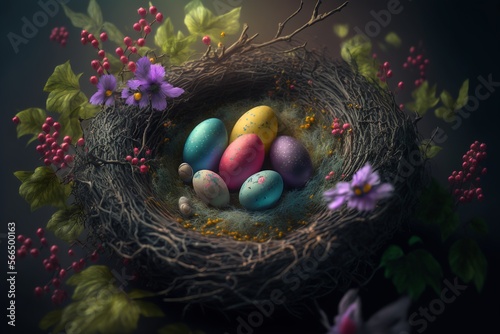 Easter eggs in a basket, generative ai illustration background, colorful. generative ai