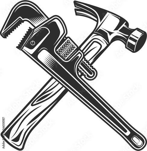 Vintage crossed hammer and body shop mechanic spanner repair tool or construction wrench for gas and builder plumbing pipe in monochrome style illustration