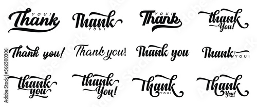 Thank you typography. Thank you text or lettering. Script and handwritten typography.  thank logo collection. Thank you black ink brush calligraphy isolated on white background. Vector photo