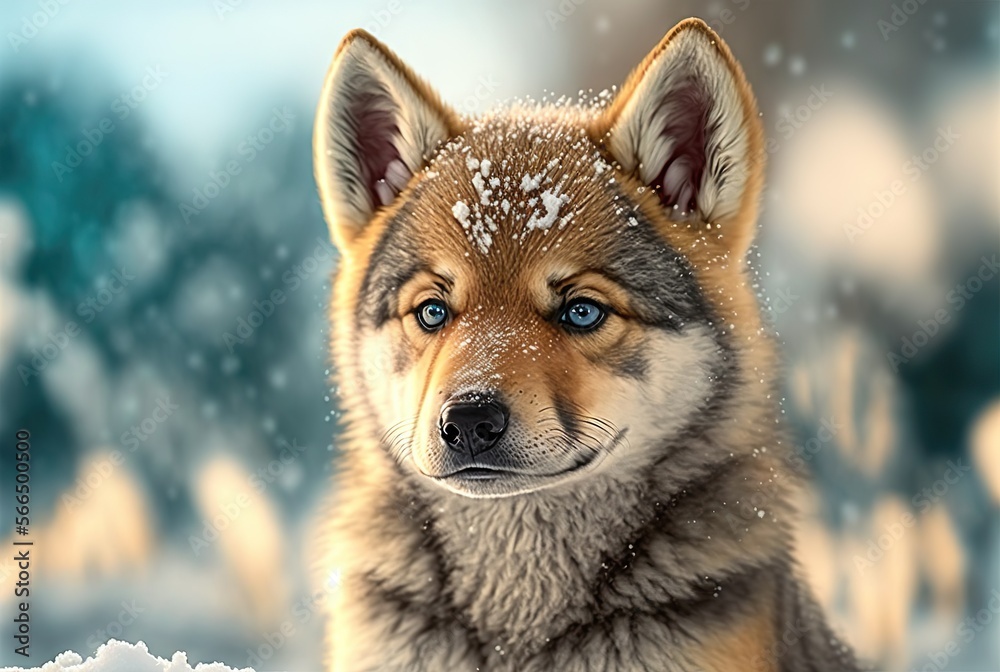 Portrait of a cute wolf baby puppy playing in winter snow. generative ai