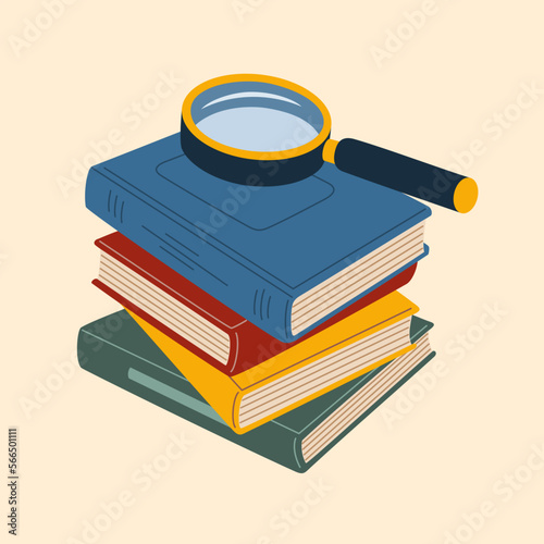 Magnifying glass on a stack of books. Education, reading, knowledge and search concept. Hand drawn vector illustration isolated on light background, flat cartoon style.