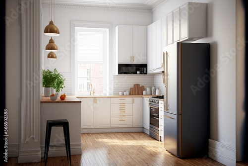 Kitchen  Interior Design  Classic Contemporary  Series   Crisp white walls with light oak flooring  understated furnishings  and simple elegant d  cor. Generative AI 