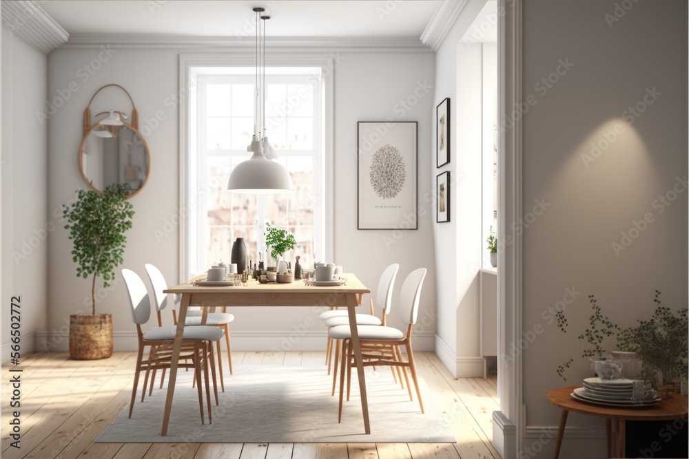 Dining Room Interior Design Classic Contemporary Series: Crisp white walls with light oak flooring, understated furnishings, and simple elegant décor. Generative AI
