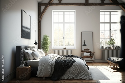 Bed Room Interior Design Classic Contemporary Series: Crisp white walls with light oak flooring, understated furnishings, and simple elegant décor. Generative AI 