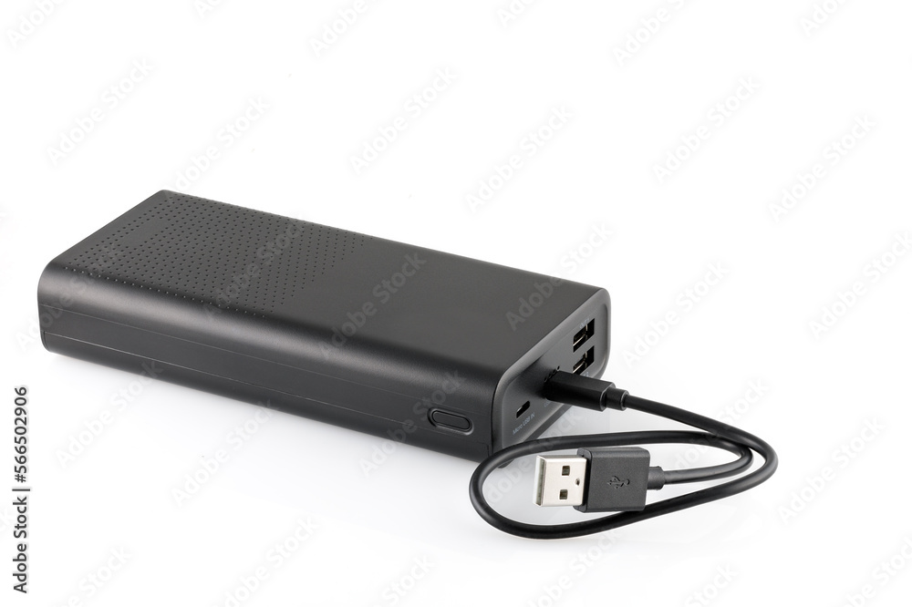 Additional self-contained external battery for charging mobile and other device. Power bank isolated on white background. Stylish charger (rechargeable battery). Full depth of field. Additional self-contained external battery for charging mobile and other device. Power bank isolated on white background. Stylish charger (rechargeable battery). Full depth of field.