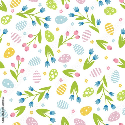 Cute seamless pattern with easter and floral elements. Seamless pattern with eggs and simple flowers