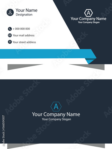 Modern Minimal Business card design template Navy blue and light blue, with company logo, slogan, double side editable vector