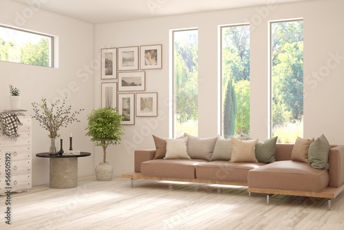 White living room with sofa and summer landscape in window. Scandinavian interior design. 3D illustration