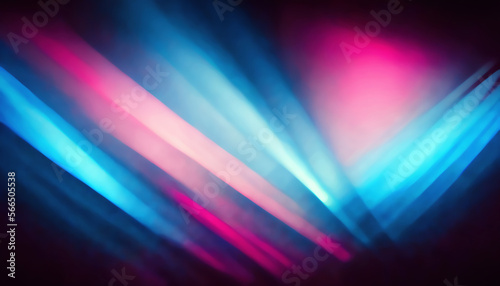 Smoke rays. Defocused neon light. Stage illumination. Blur pink blue luminous color glow fog on dark black art illustration abstract background.
