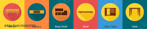 A set of 6 furniture icons as bench, drawers, book shelf