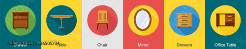 A set of 6 furniture icons as drawer, table, chair