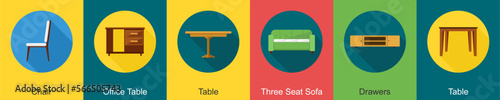 A set of 6 furniture icons as chair, office table, table