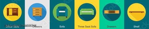 A set of 6 furniture icons as office table, drawers, sofa