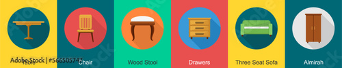 A set of 6 furniture icons as table, chair, wood stool, drawers