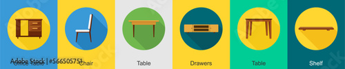 A set of 6 furniture icons as office table, chair, table