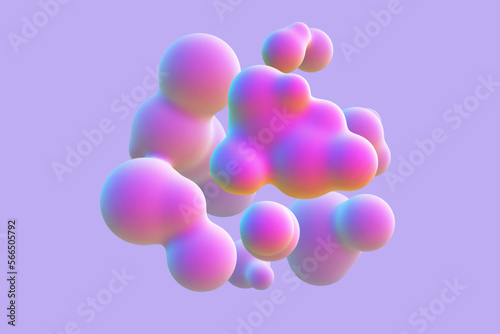 3D abstract liquid bubbles on purple background. Concept of future science: floating morphing spheres, molecular elements or nanoparticles. Fluid pink shapes in motion EPS 10, vector illustration.