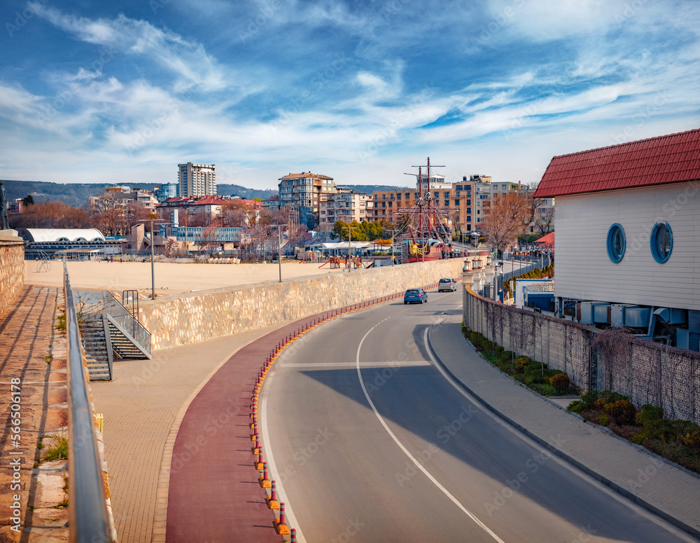 Bright spring cityscape of Varna town with asphalt road on the shore of Black Sea. Beautiful outdoor scene of Bulgaria, Europe. Traveling concept background.